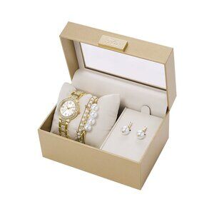 Folio Women's Gift Set; Gold Tone Bracelet Watch, Layered Faux Pearl Bracelets